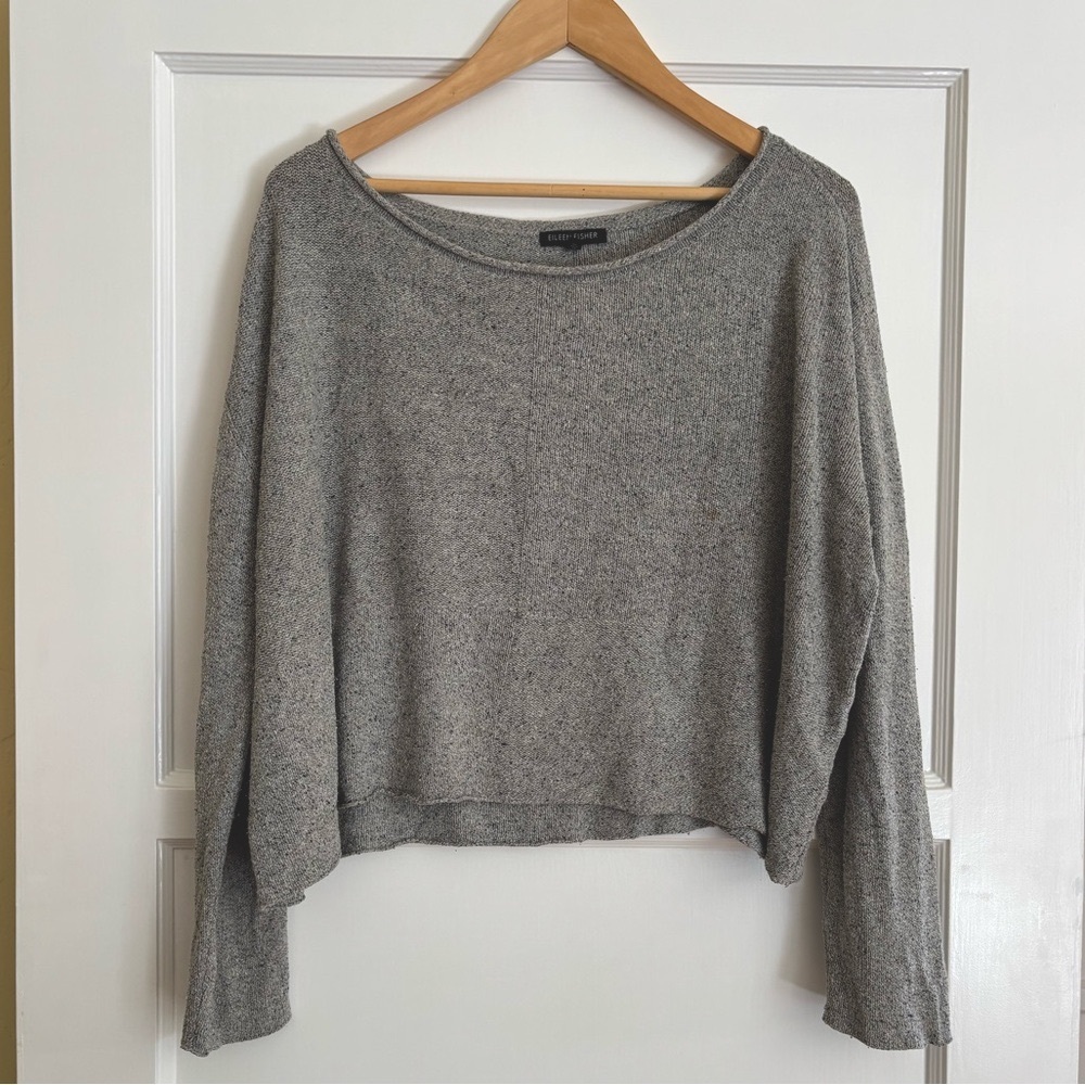 Eileen Fisher Gray Knit Silk Cropped Wide Neck Sweater